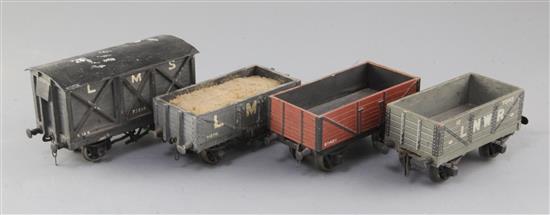 An LMS 7 plank open wagon 6.5T, no.711711, an LNWR 5 plank open wagon 10T, a 7 plank open wagon 12T,